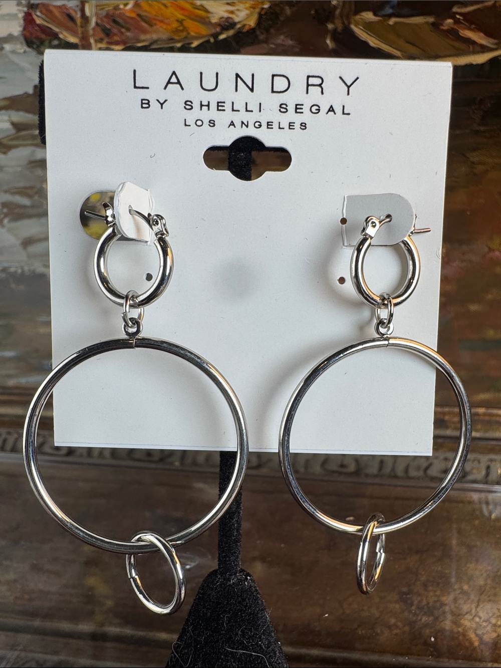 0737-Laundry By Shelli Segal‎ Silver Double Hoop Dangle Earrings